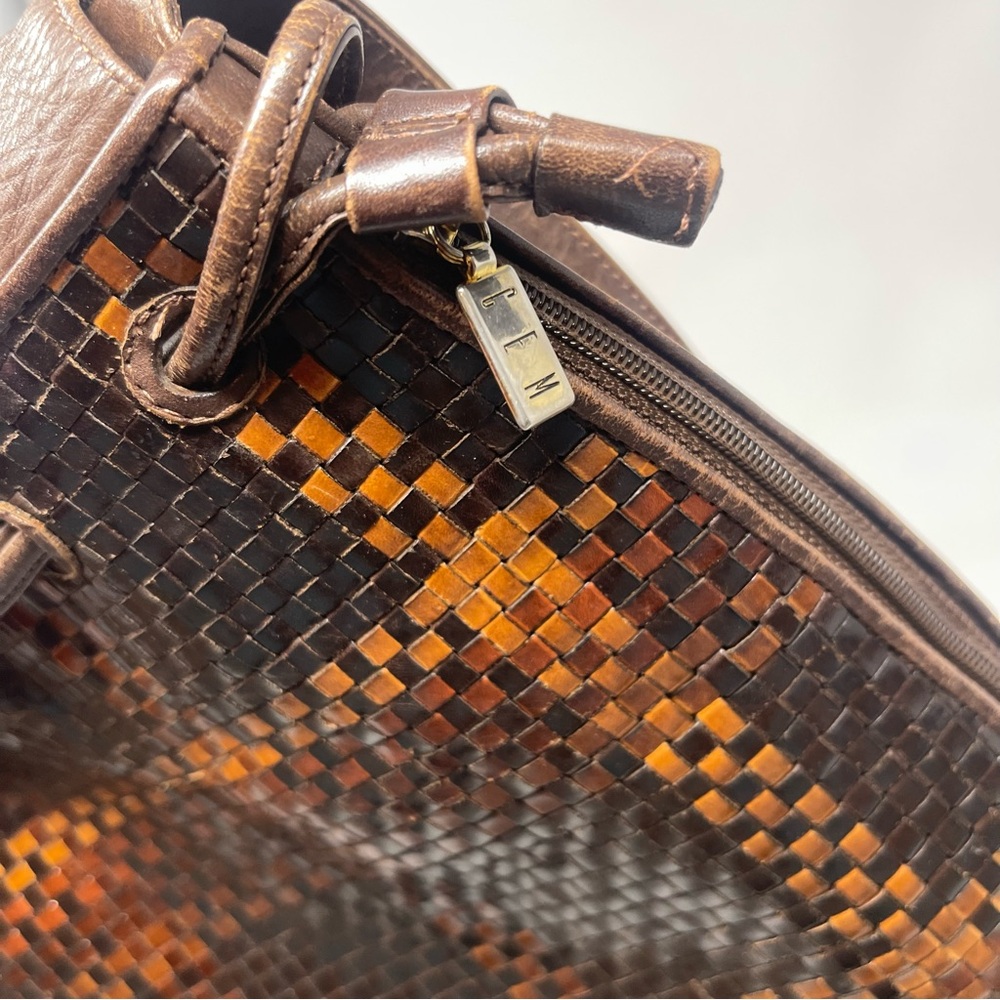 Vintage CEM Woven Leather Shoulder Bag | Brown Check | Boho Artisan Tote - Picture 12 of 13